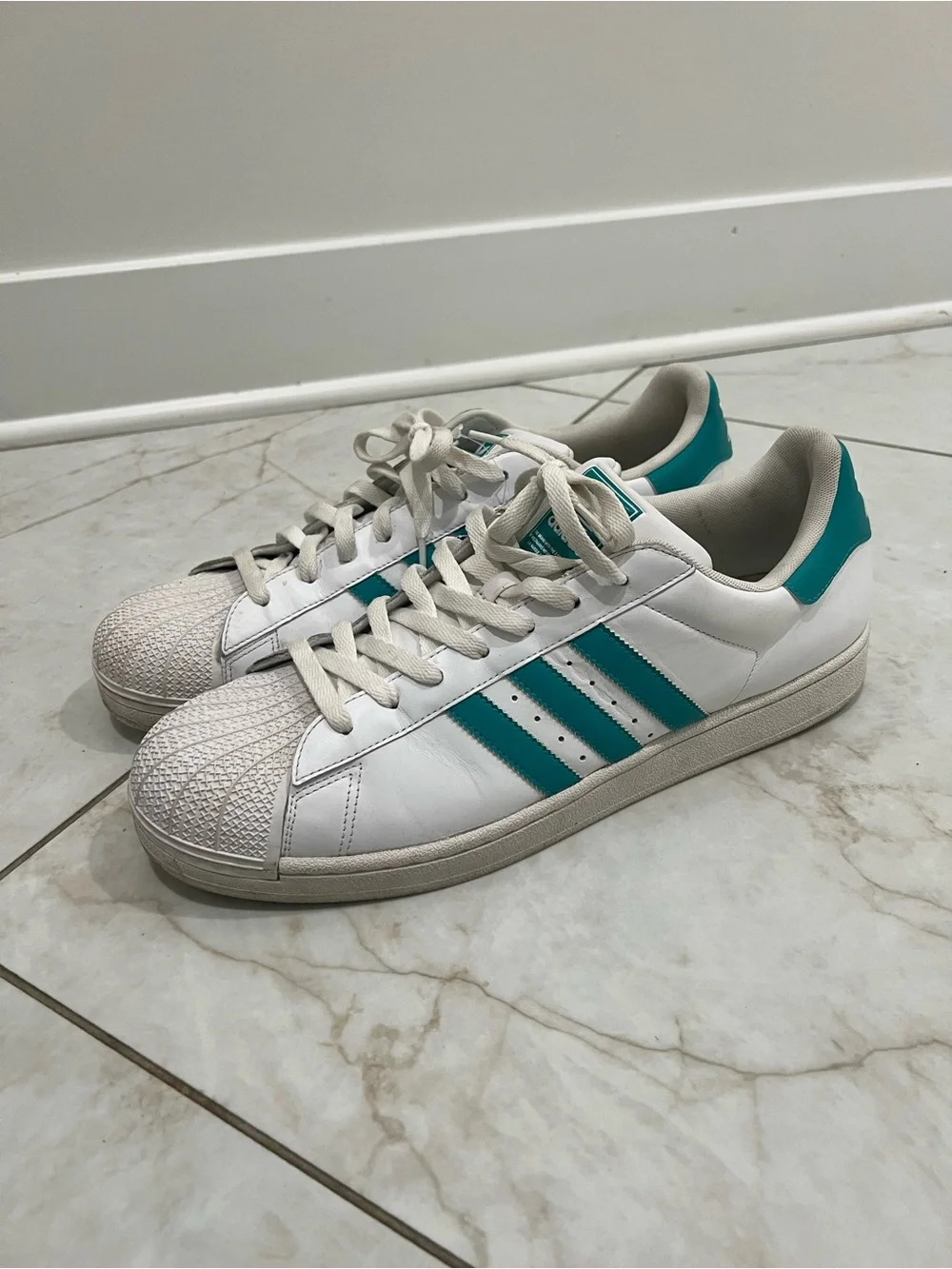 Adidas White / Teal Blue Superstar Sneakers Size 15 US